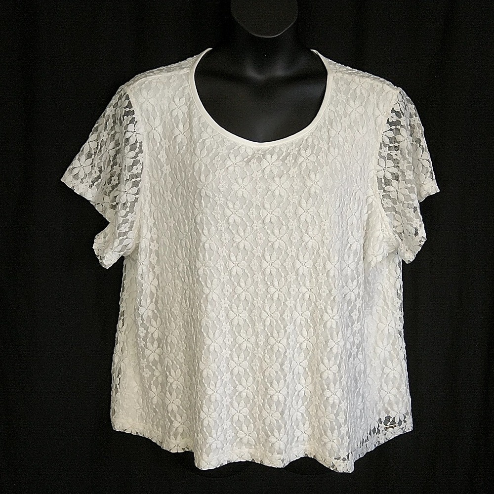 Calvin Klein Blouse Women 3X White Floral Lace Scoop Neck Short Sleeve Top